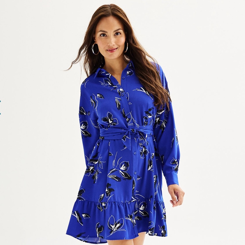 Nine West Royal Blue Floral Long Sleeve Shirt Dress